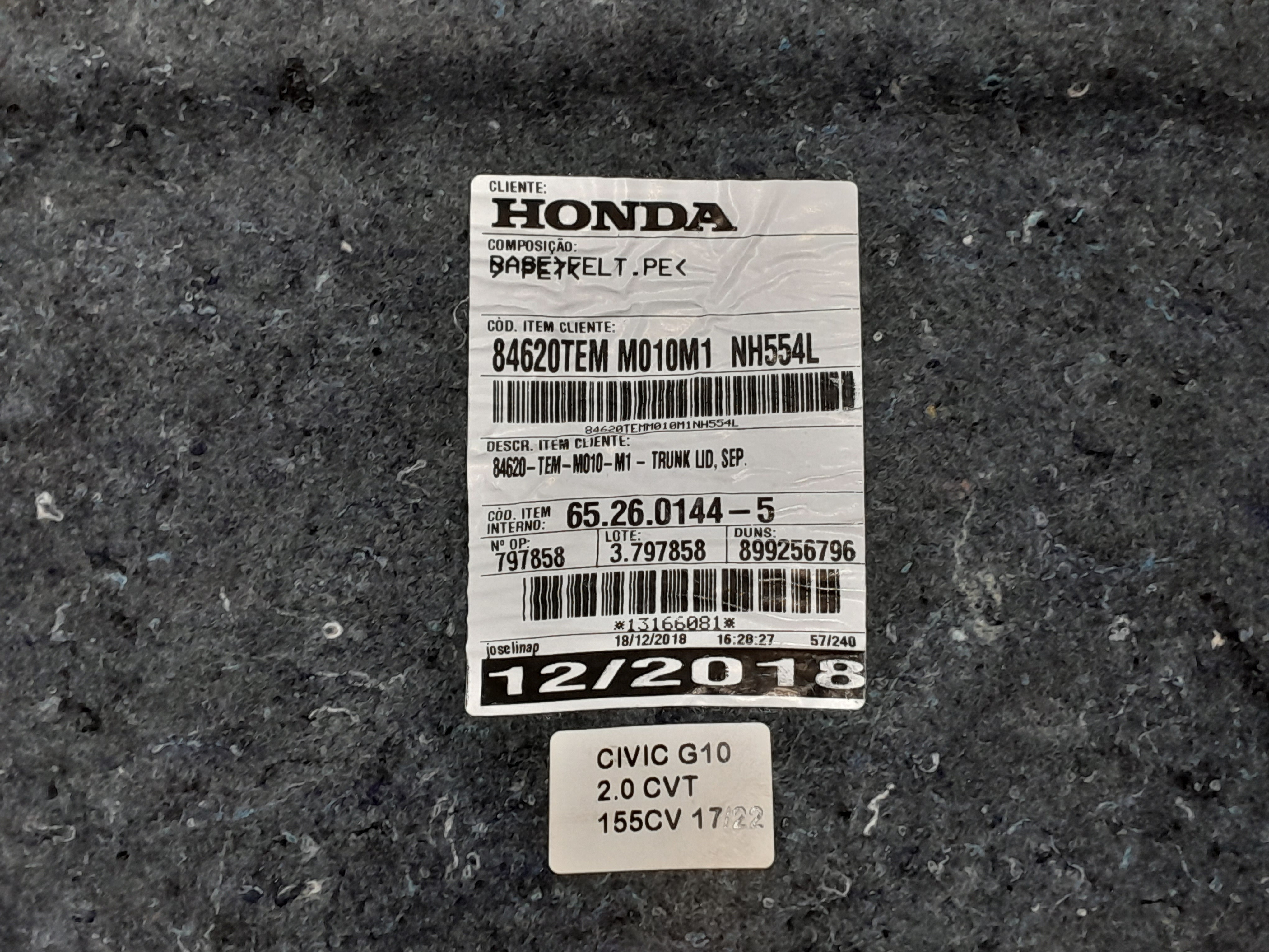 Forro Da Tampa Traseira Honda Civic G10 2017 A 2022 5