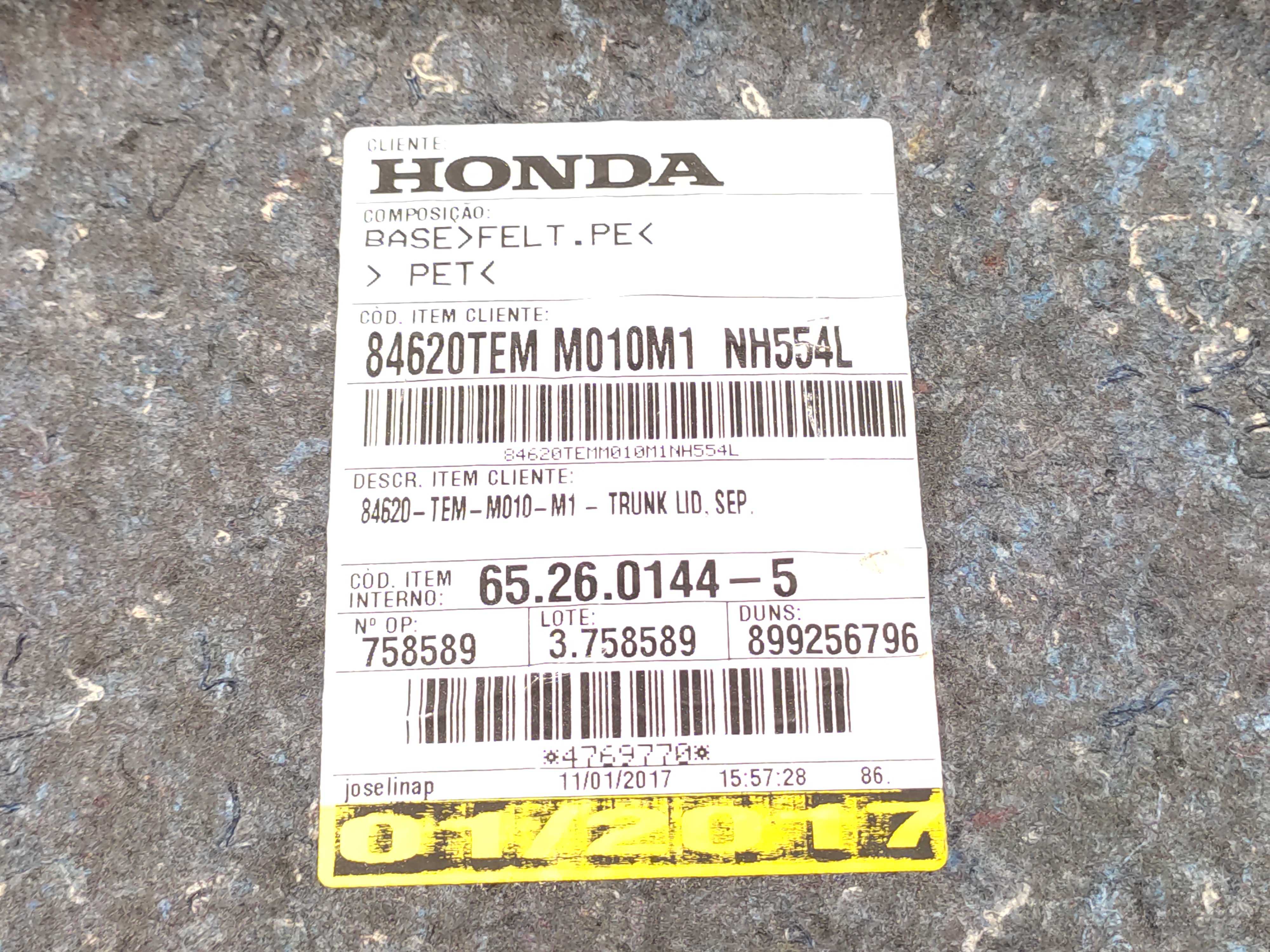 Forro Interno Tampa Traseira Honda Civic G10 2017 2018 2019 3