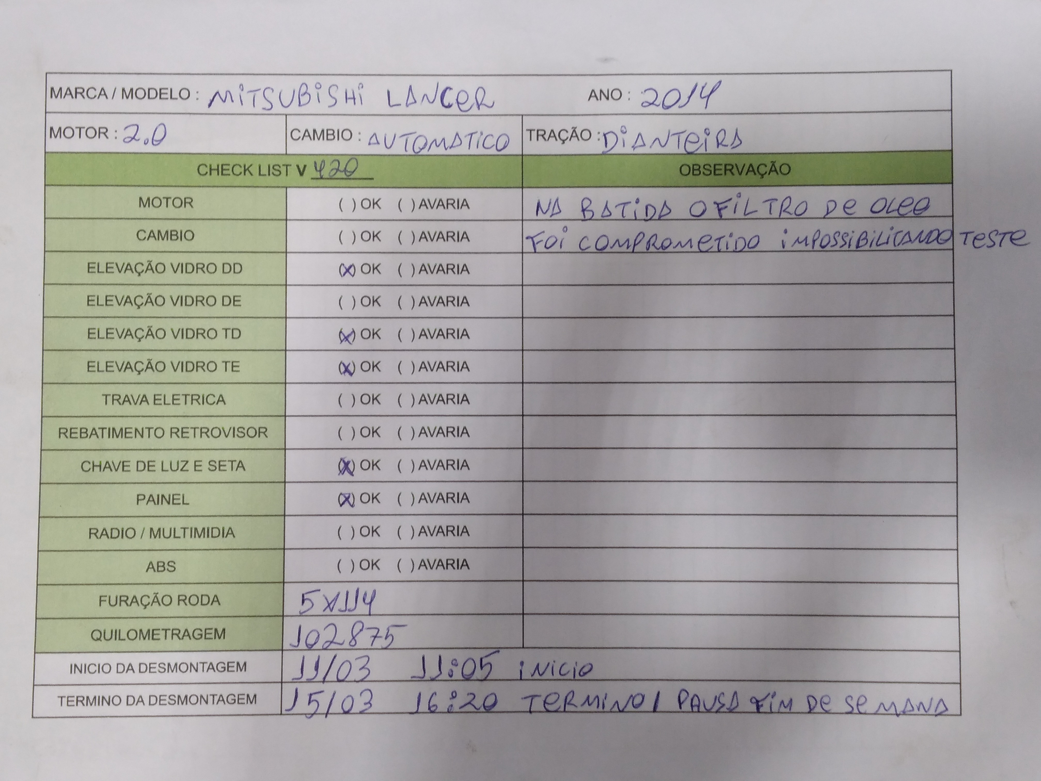 Sucata Mitsubishi lancer 2.0 2014 v420 informações gerais 1