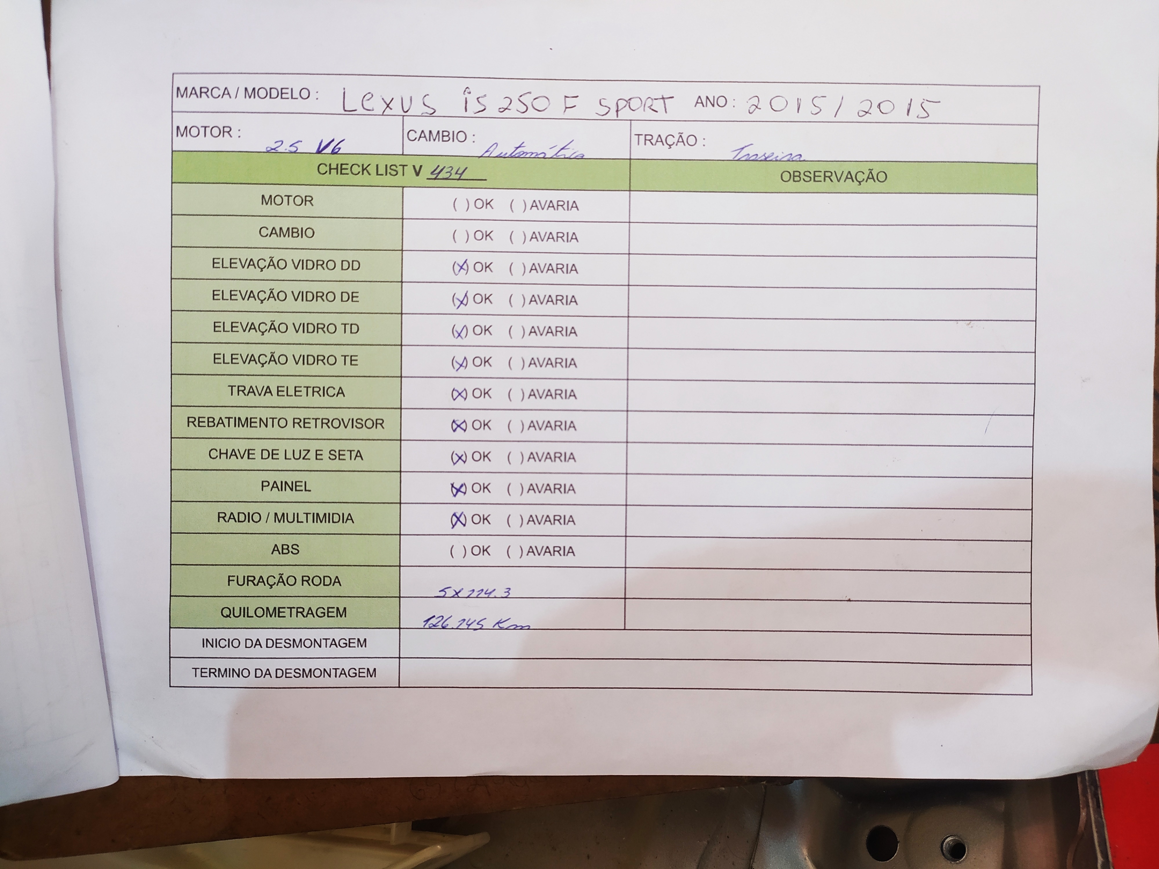 Sucata lexus V434 informações adicionais