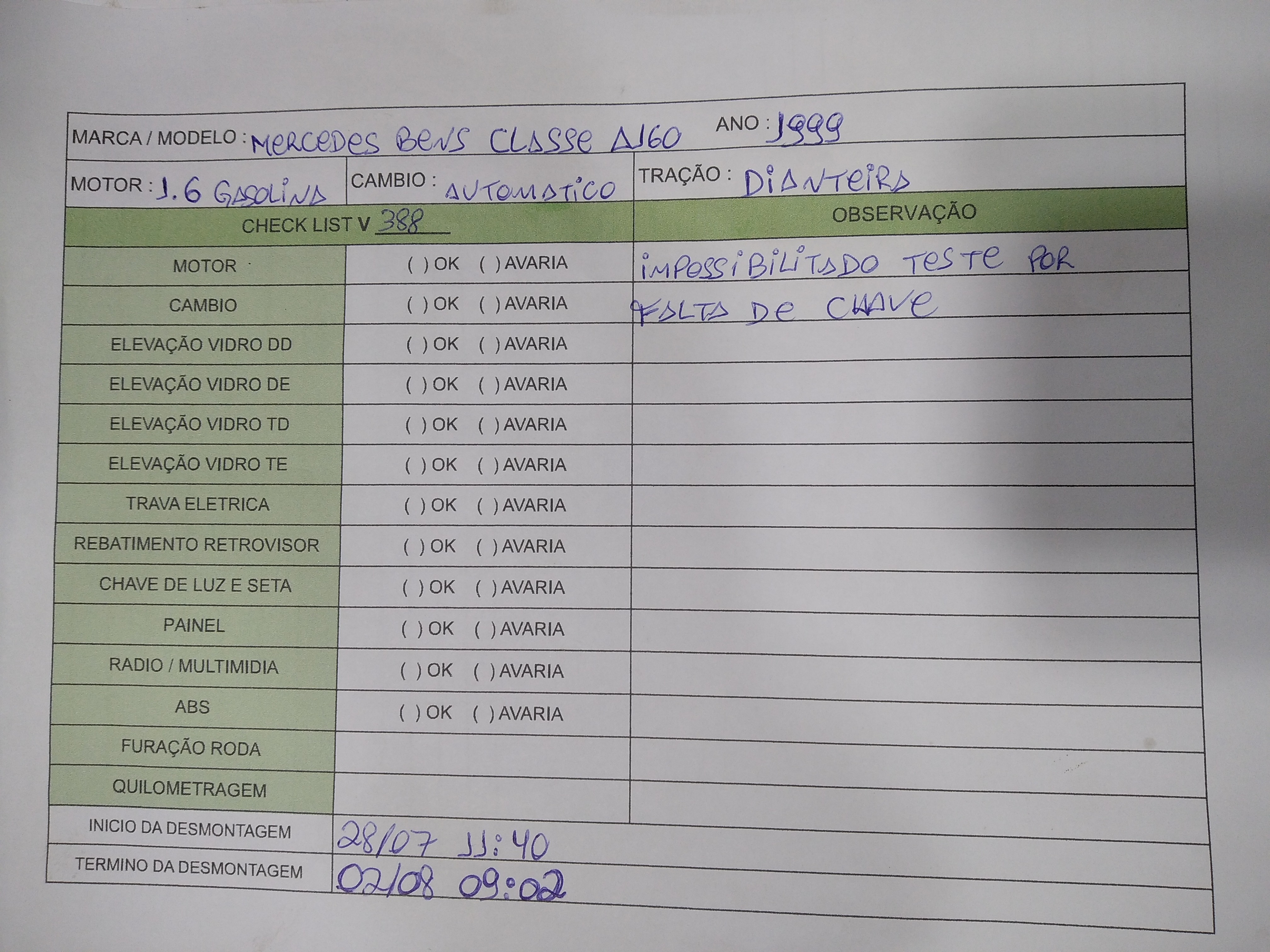 Sucata Mercedes benz a160 v388 informações 1