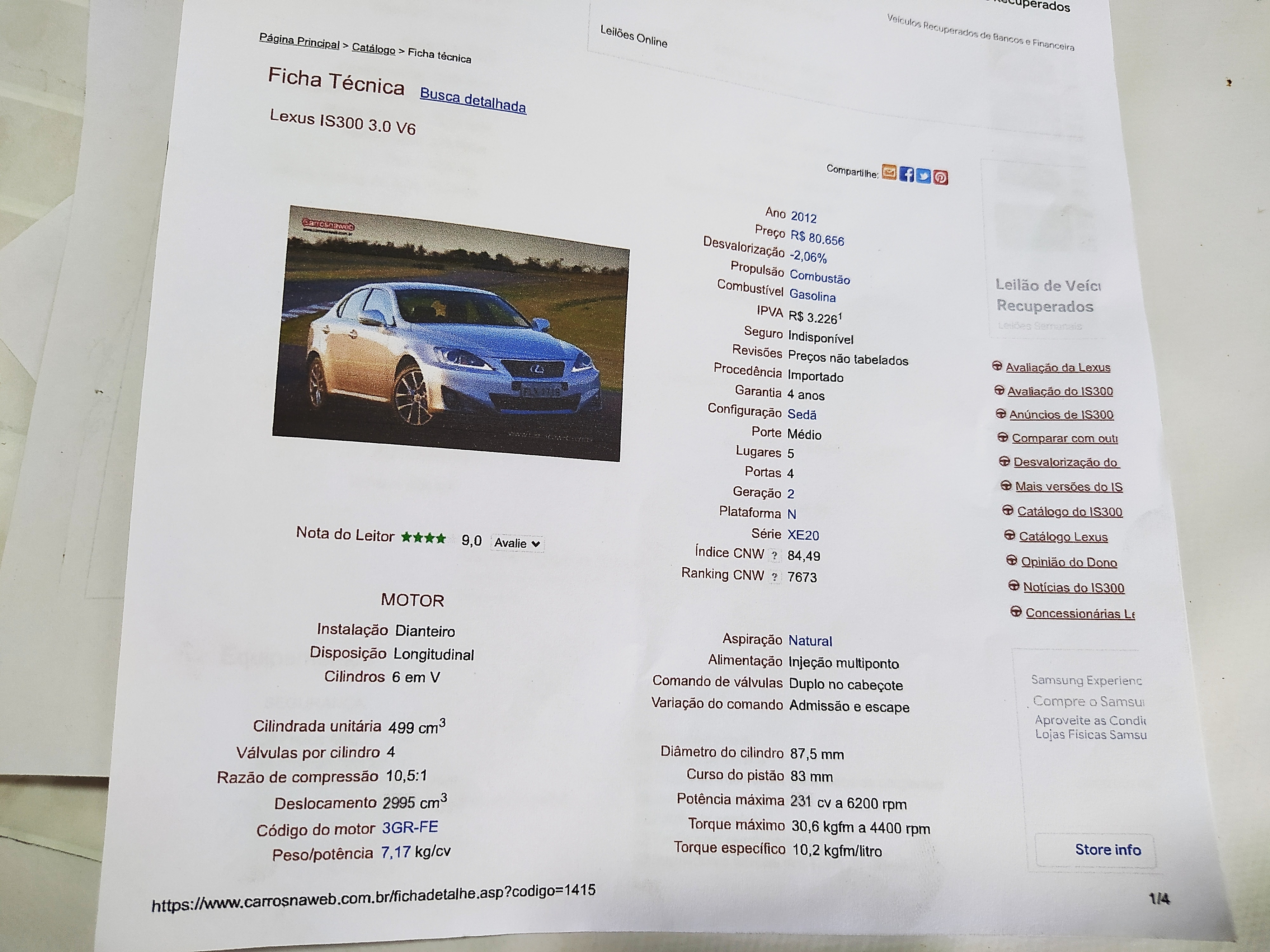 Informações Lexus is 3.0 v6 2012 v545 5