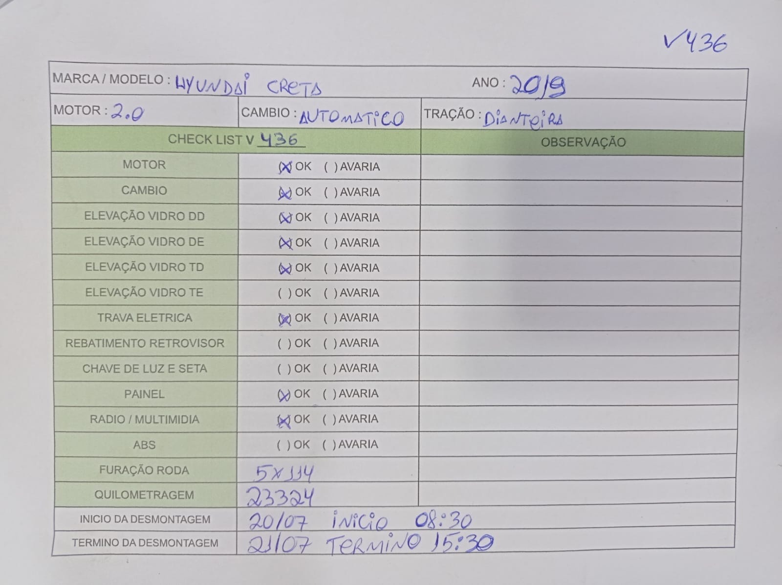 Sucata Hyundai creta 2019 v436 informações adicionais 1