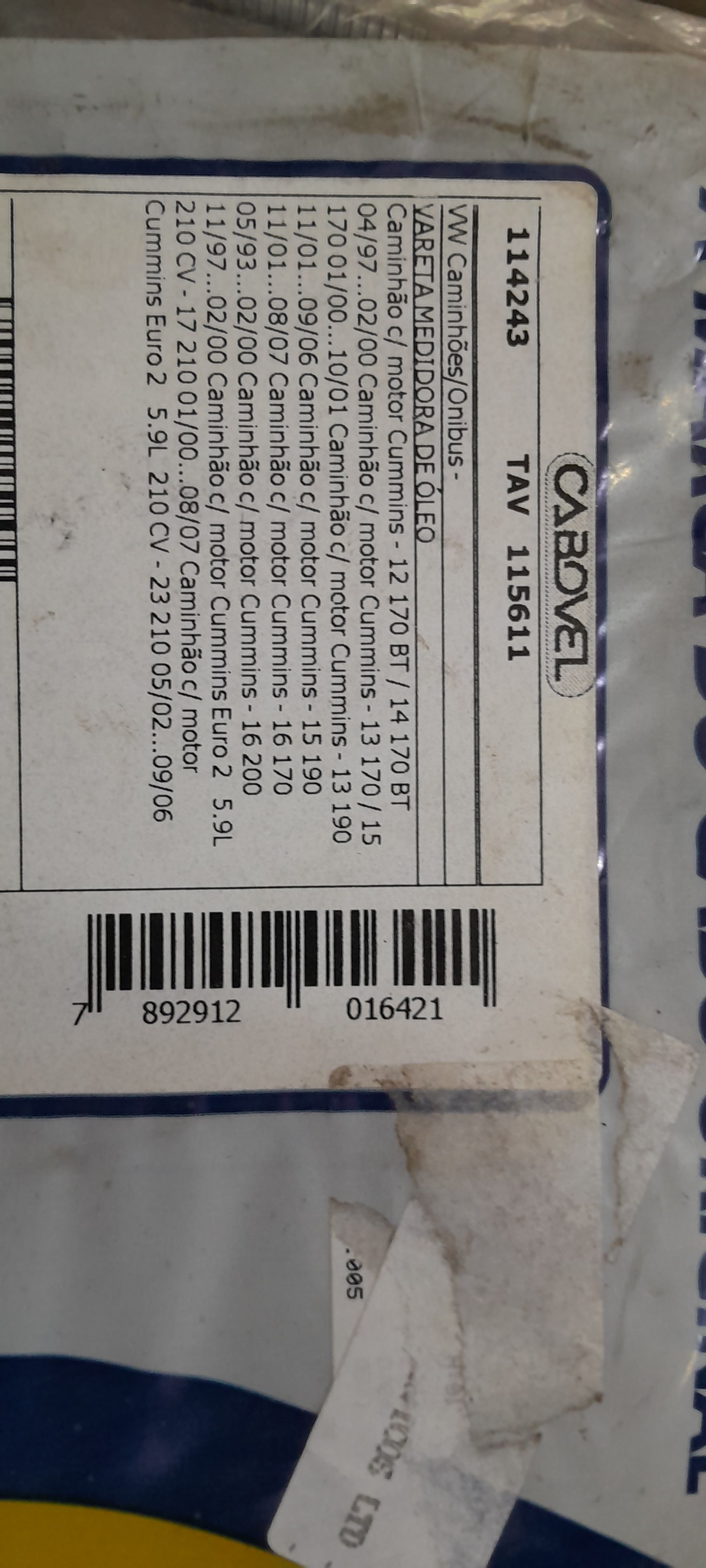 Vareta Tudo De Oleo Vw 23220 18310 Cummins 114243 1558mm 2